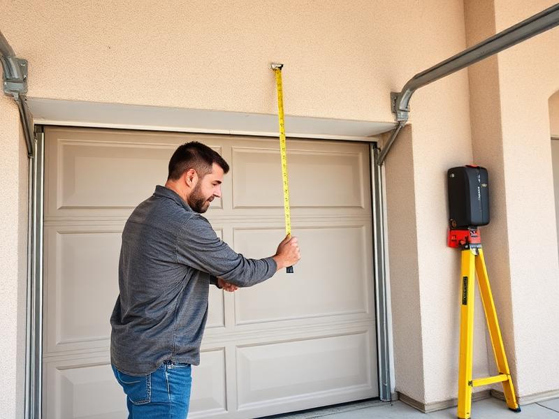 Homeowner measuring garage door opening with tape measure for accurate replacement